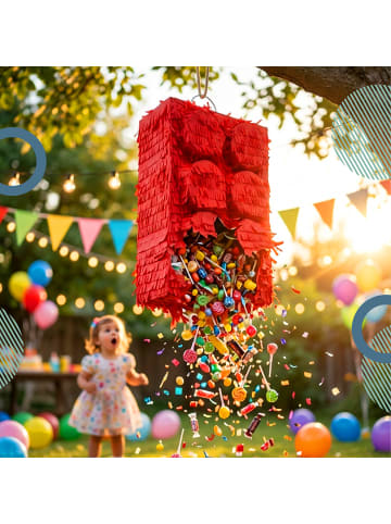 relaxdays 3-tlg. Pinata Set "Baustein" in Rot/ Gelb