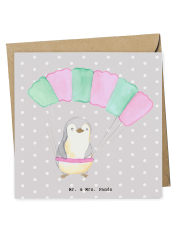 Mr. & Mrs. Panda Klappkarte Pinguin Fallschirm springen ohne Spruch in Grau Pastell