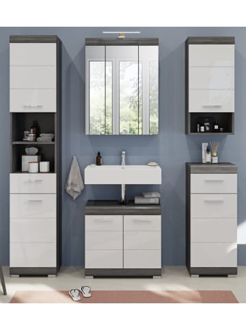 Inn.Furn Badmöbel-Set weiß Hochglanz, grau 5-teilig 164 cm, Badkombination mit 22 Fächern