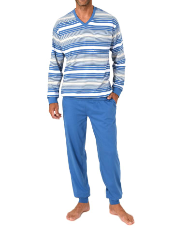 NORMANN Langarm Schlafanzug Pyjama Bündchen Streifen auch in Übergröße in blau1