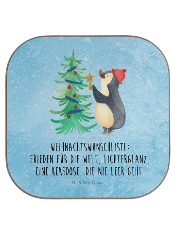 Mr. & Mrs. Panda Glas-Untersetzer Pinguin Weihnachtsbaum mit Spruch in Eisblau