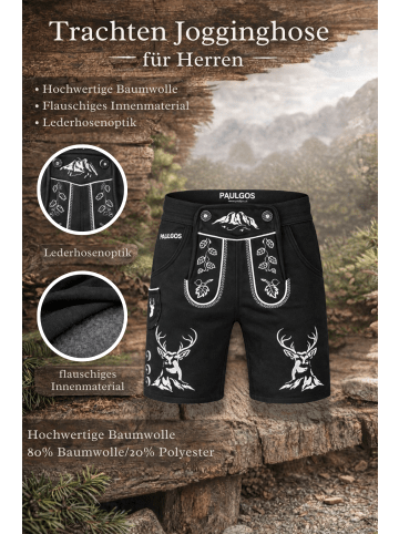 PAULGOS Jogginghose Design Trachten Lederhose Bermuda Shorts Kurz JOK4 in Schwarz