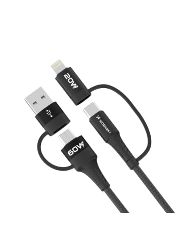 Wozinsky 4in1 Ladekabel 2x USB Typ C, 1x USB Typ A, 1x iPhone-Anschluss in Schwarz