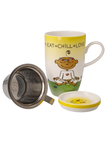 Goebel Teetasse mit Deckel und Sieb " Der kleine Yogi Eat Chill Love " in Bunt