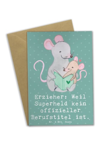 Mr. & Mrs. Panda Grußkarte Erzieher Superheld mit Spruch in Meeresbrise