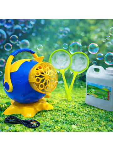 HOLLYHOPPER Seifenblasenmaschine im Set mit 2 Kescher und Lauge