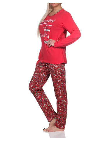 NORMANN Damen Schlafanzug lang mit lässigem Print und Allover-Muster - 86321 in rot