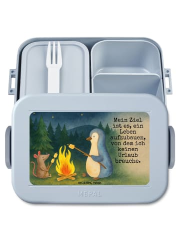 Mr. & Mrs. Panda Snackbox Pinguin Lagerfeuer Design mit Spruch in Blau Pastell