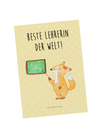 Mr. & Mrs. Panda Postkarte Fuchs Lehrerin mit Spruch in Gelb Pastell