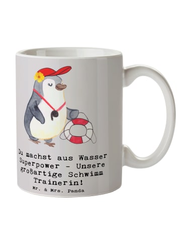 Mr. & Mrs. Panda Tasse Superpower Schwimmen Trainerin mit Spruch in Grau Pastell