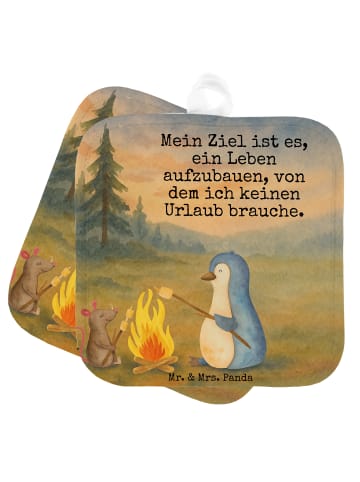 Mr. & Mrs. Panda Topflappen Pinguin Lagerfeuer Design mit Spruch in Weiß