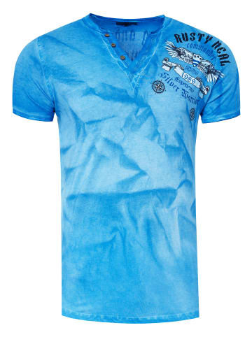 Rusty Neal V-Neck T-Shirt mit Front & Back Prints in Petrol