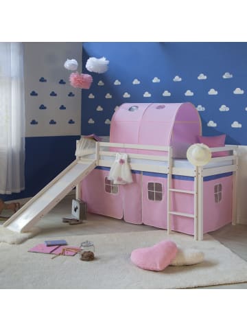 Homestyle4u Hochbett 90x200 mit Vorhang, Lattenrost, Matratze, Rutsche, Tunnel in Weiß