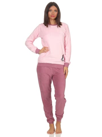 NORMANN Frottee Pyjama langarm Schlafanzug Bündchen und Pinguin - 49861 in rosa