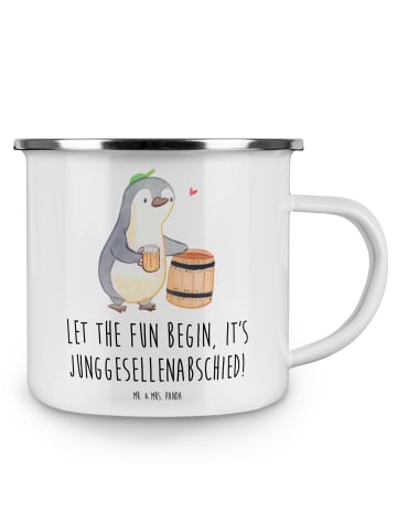 Mr. & Mrs. Panda Camping Emaille Tasse Junggesellenabschied Spaß... in Weiß