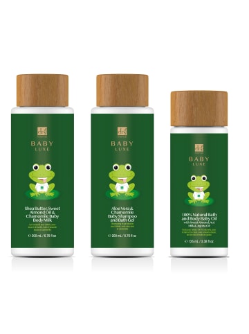 Dr Botanicals 3tlg Set. Set Baby Lux Shampoo und Badegel, Körperöl und Milch