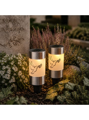 MARELIDA 2x LED Solar Grablicht Grabkerze Taube Lichtsensor H: 14cm in weiß