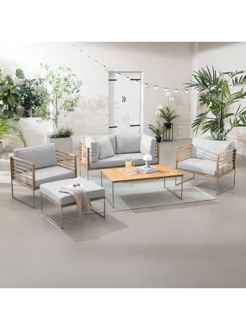 home24 home24 Gartensessel - Webstoff / Teak massiv / Edelstahl - Hellgrau - 83 x 74 x 70 cm in Hellgrau