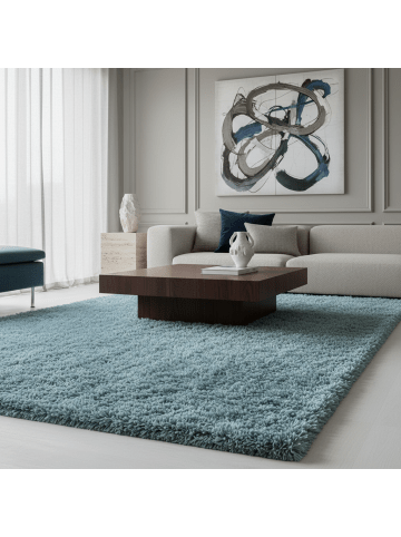 KADIMA DESIGN Teppich Hochflor Shaggy Waschbar Einfarbig SALZACH Strapazierfähig in Blau
