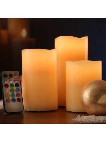 MARELIDA 3er Set LED Kerzen Echtwachs mit Fernbedienung in creme