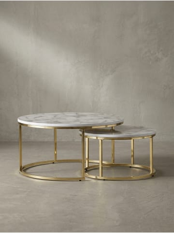 KADIMA DESIGN Couchtisch 2er-Set | Marmor-Optik Weiß-Gold, Metall, Rund in Gold