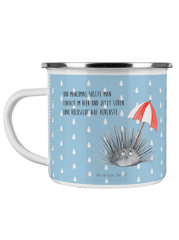 Mr. & Mrs. Panda Camping Emaille Tasse Seeigel mit Spruch in Blau Pastell