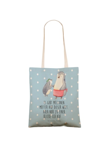 Mr. & Mrs. Panda Tote Bag Pinguin mit Kind mit Spruch in Blau Pastell