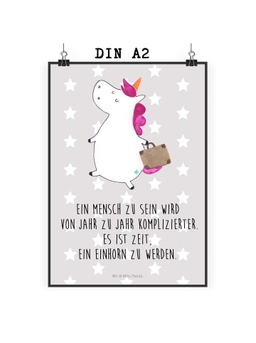 Mr. & Mrs. Panda Poster Einhorn Koffer mit Spruch in Grau Pastell