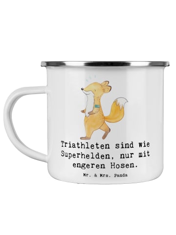 Mr. & Mrs. Panda Camping Emaille Tasse Triathlon Superheld mit S... in Weiß