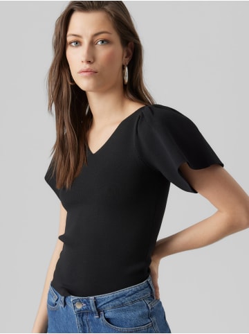 Vero Moda Geripptes Rüschen T-Shirt Kurzarm Strick Shirt VMGINNY in Schwarz-2