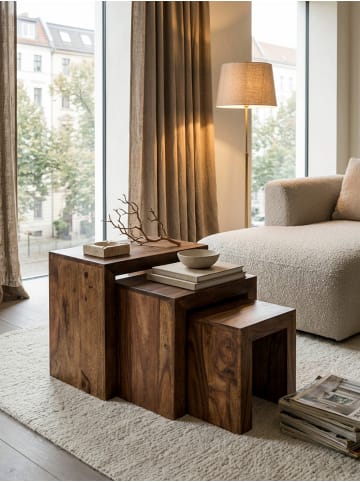 KADIMA DESIGN 3er Set Satztisch Massiv-Holz Wohnzimmer-Tisch Landhaus-Stil in Massivholz