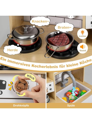 COSTWAY Spielküche Holz mit 10 tlg. Zubehör ab 3 Jahren in Hellbraun