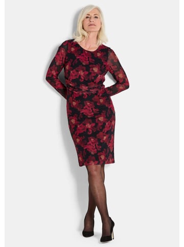 GOLDNER Kurzgröße:  Kleid aus weichem Mesh in schwarz / rot / geblümt