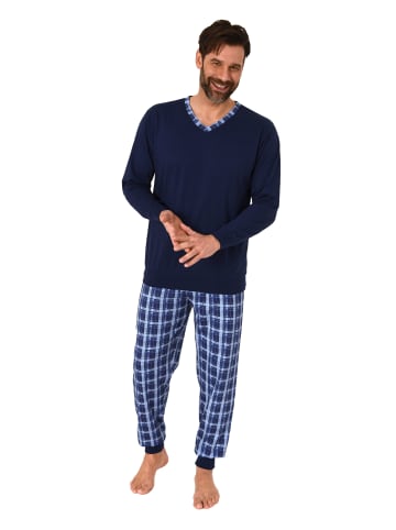 NORMANN Langarm Schlafanzug Bündchen und karierter Jersey Pyjamahose - 86148 in navy