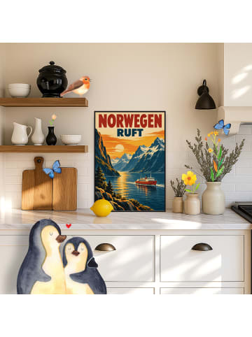 Mr. & Mrs. Panda Poster Fjord nostalgisch Design mit Spruch in Weiß