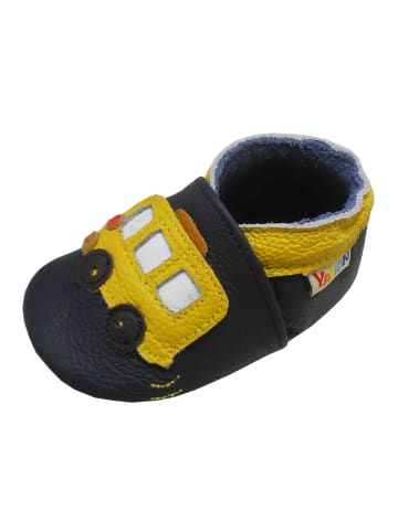 Yalion Schwarze Babyschuhe aus echtem Leder mit rutschfester Sohle–gelbem Bus-Muster