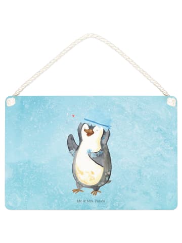Mr. & Mrs. Panda Holzbild Pinguin Duschen ohne Spruch in Eisblau