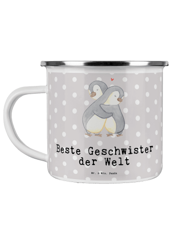 Mr. & Mrs. Panda Camping Emaille Tasse Pinguin Beste Geschwister... in Grau Pastell