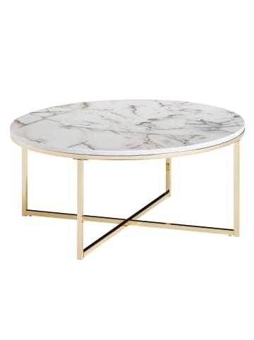 KADIMA DESIGN Runder Couchtisch in Marmor-Optik, 80 cm Durchmesser, Hochglanz in Weiß