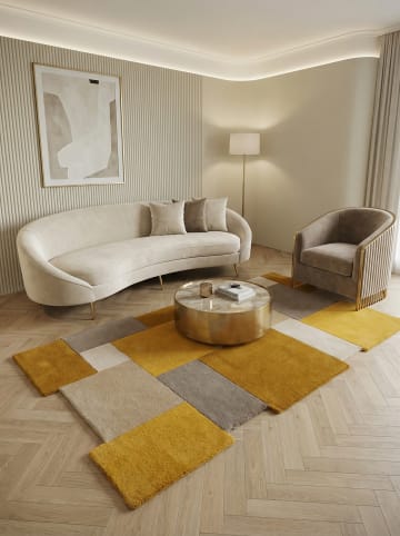 KADIMA DESIGN Wollteppich handgetuftet, geometrisch, rutschfest, Teppich Wolle in Senfgelb