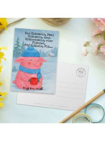 Mr. & Mrs. Panda Postkarte Schweinchen Glühwein Design mit Spruch in Weiß