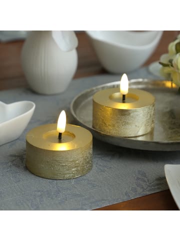 MARELIDA 2x LED Maxi Teelichter Lina Rustik Optik Echtwachs D: 7cm in gold