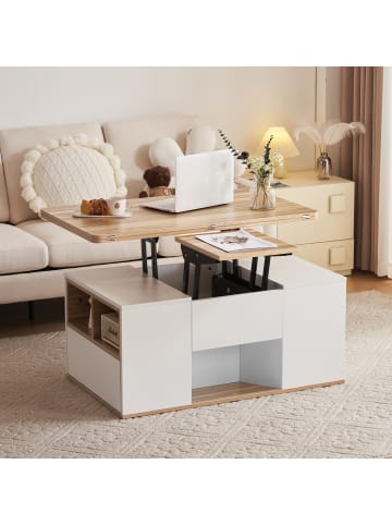 ABRIHOME Hebbarer Couchtisch in Weiß mit Originalholzfarbe zu 2 Tischen öffnend