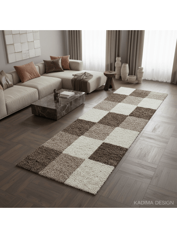 KADIMA DESIGN Teppich Hochflor Shaggy Waschbar Karo RHEIN Strapazierfähig in Mokka
