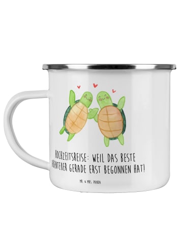 Mr. & Mrs. Panda Emaille Tasse Hochzeitsreise Abenteuer mit Spruch in Weiß