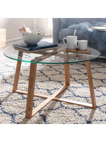 KADIMA DESIGN Couchtisch 78x78x41 cm Sofatisch Eiche Massivholz / Glas Rund, Design