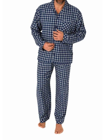 NORMANN Flanell Pyjama langarm Schlafanzug zum durchknöpfen - 70801 in navy