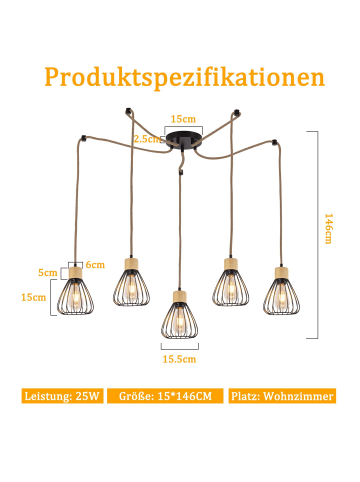 ZMH Pendelleuchte in Schwarz 5-flammige E27 rund Holz
