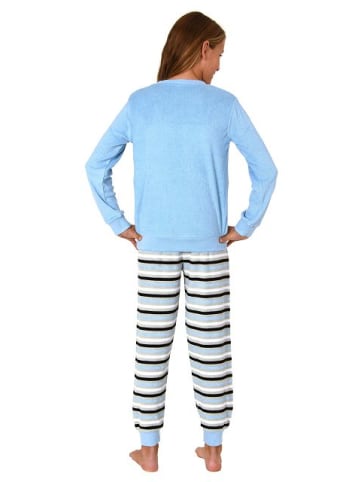 NORMANN Schlafanzug Frottee Pyjama Bündchen und Streifen in blau