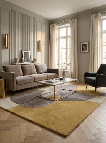 KADIMA DESIGN Wollteppich Kurzflor AIRE Abstrakt Naturfaser Wohnzimmer in Gelb-Beige